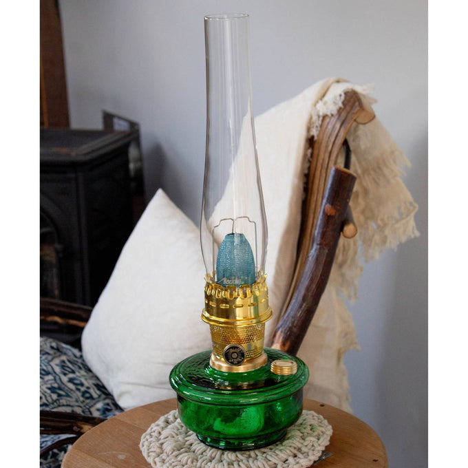 Handcrafted Aladdin Genie III Oil Lamp with a dimpled green glass bowl and polished brass burner, ideal for Farm, Garden & Tool, Lamps & Lighting, and Emergency Supplies collections.
