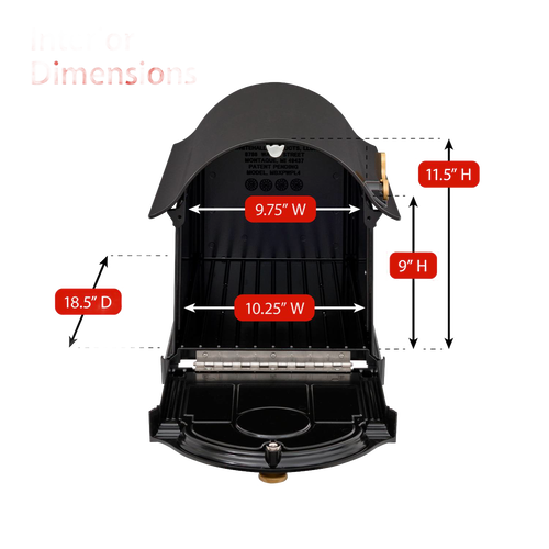 Open black and gold handcrafted mailbox showing interior dimensions with red labels, highlighting its craftsmanship and USA-made quality for Home & Decor and Mailboxes collections.