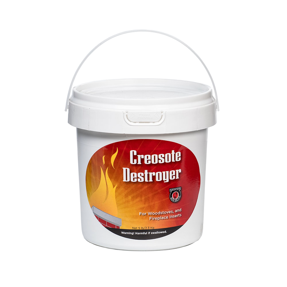 White plastic pail with handle labeled "Creosote Destroyer" for woodstoves and fireplace inserts, featured in Stoves, Hearth Accessories, Best Sellers, Promo Eligible, and All Stoves & Appliances collections.