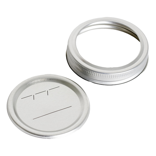 Silver regular-mouth canning jar lid and matching band with BPA-free sealing compound, featuring a simple label design, perfect for Kitchen & Food and Food Preservation use.