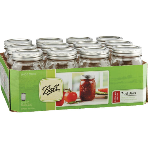 Case of twelve clear glass pint jars with silver metal lids in branded green packaging, perfect for Kitchen & Food, Food Preservation, Canning, USA Made, Best Sellers, and Promo Eligible collections.