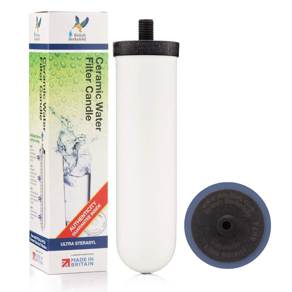 White ceramic water filter element with black threaded top, designed for British Berkefeld gravity systems, featured in Farm, Garden & Tool, Appliances, Emergency Supplies, and Water Heating and Treatment collections.