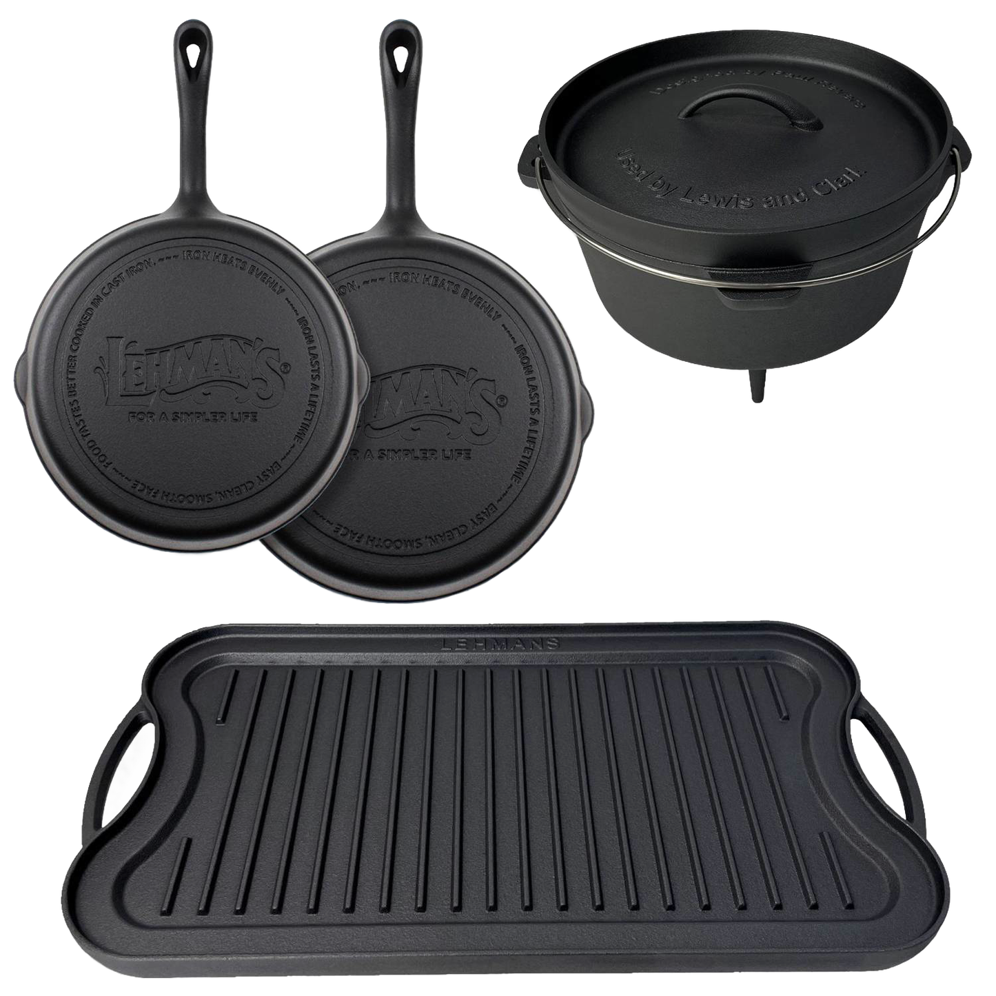 Set of handcrafted nitrided cast iron cookware for outdoor cooking including two skillets, a tripod Dutch oven with lid, and a ridged griddle, ideal for camping and farm use.
