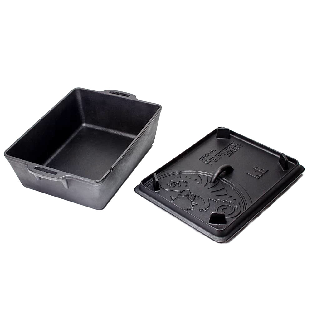 Handcrafted cast iron loaf pan with embossed lid featuring decorative patterns, designed for versatile baking and cooking in farm, kitchen, camping, cookware, and bread making supplies collections.