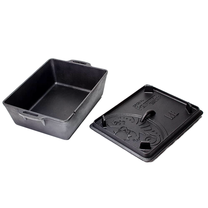 Handcrafted cast iron loaf pan with embossed lid featuring decorative patterns, designed for versatile baking and cooking in farm, kitchen, camping, cookware, and bread making supplies collections.