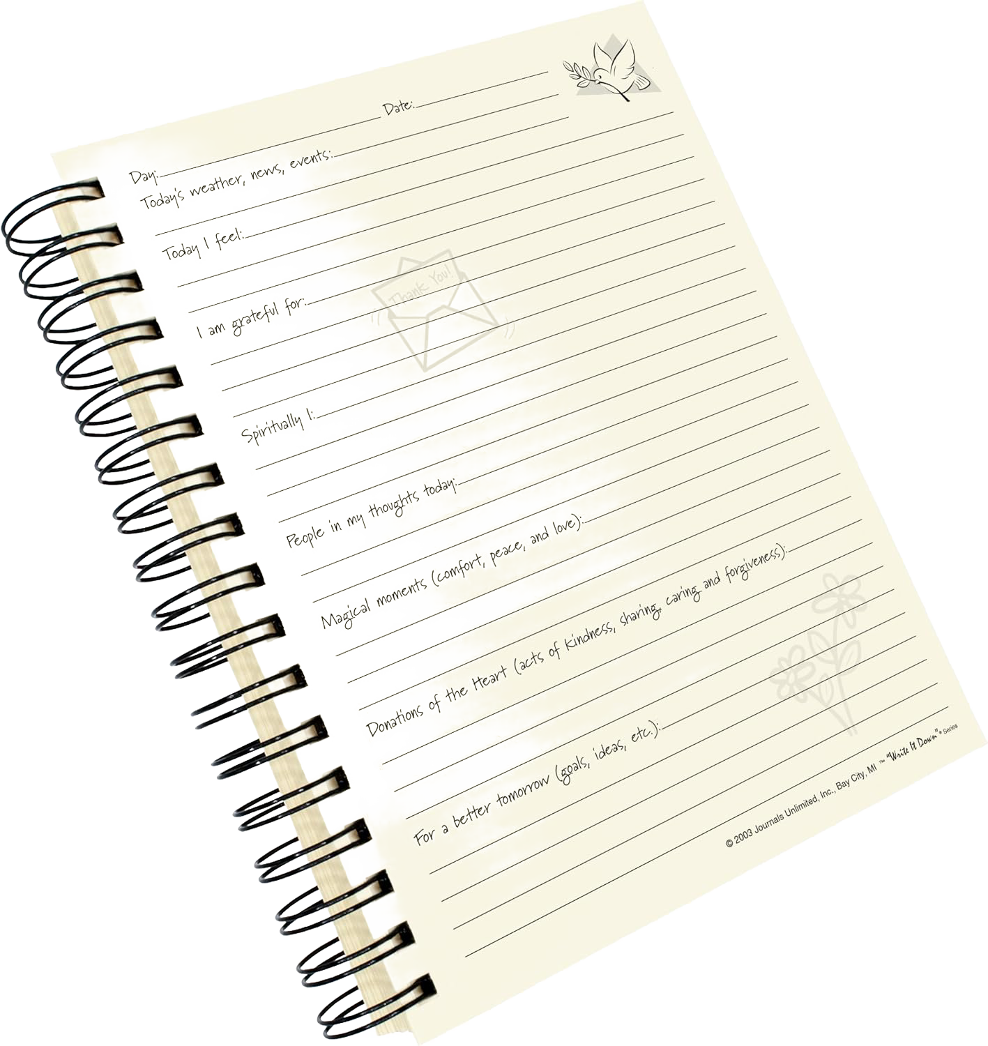 Spiral-bound guided journal page with handwritten prompts and lined sections, featuring light decorative illustrations of a dove and flowers, part of heritage and lifestyle books collection.