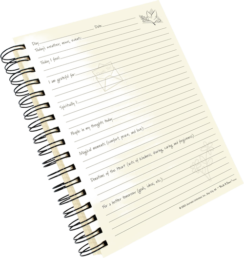 Spiral-bound guided journal page with handwritten prompts and lined sections, featuring light decorative illustrations of a dove and flowers, part of heritage and lifestyle books collection.