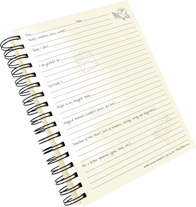 Spiral-bound guided journal page with handwritten prompts and lined sections, featuring light decorative illustrations of a dove and flowers, part of heritage and lifestyle books collection.