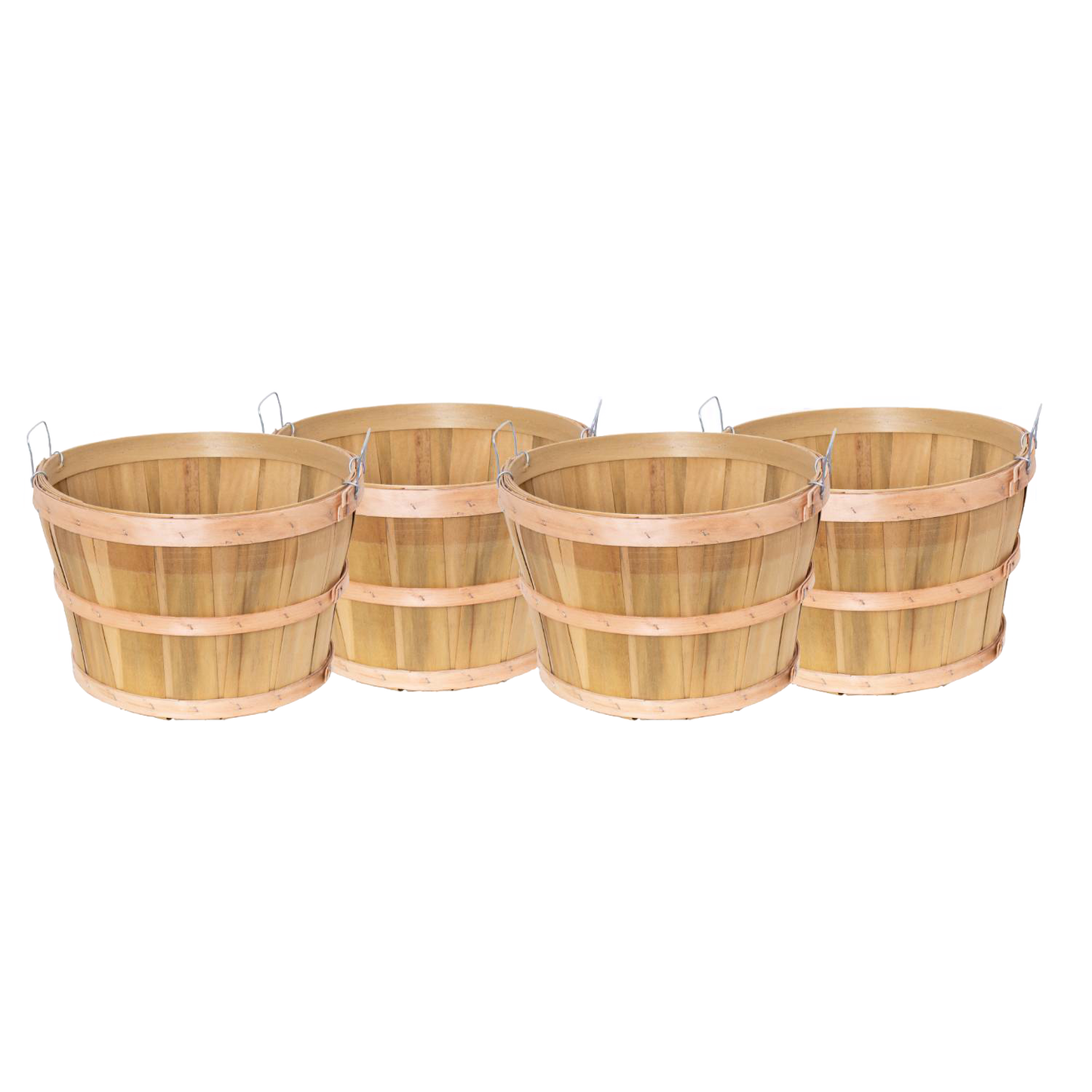 Set of four handcrafted half bushel baskets made of raw poplar wood strips with metal wire handles, perfect for Farm, Garden & Tool, Garden Accessories, USA Made, Best Sellers, and Promo Eligible collections.
