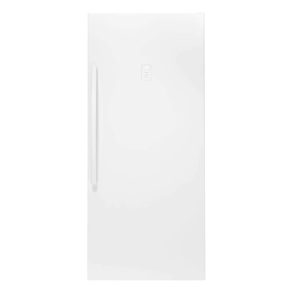 Tall white upright freezer with a single door and vertical handle, Amish made in the USA, designed for efficient gas-powered freezing, ideal for appliances and refrigerators collections.