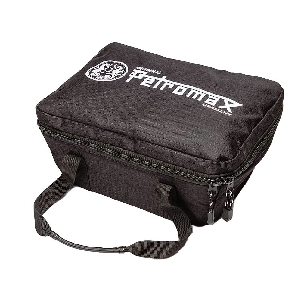 Black durable transport bag with sturdy handles and dual zipper closure, designed for securely carrying loaf pans, ideal for camping, farm, garden, and bread making supplies collections.