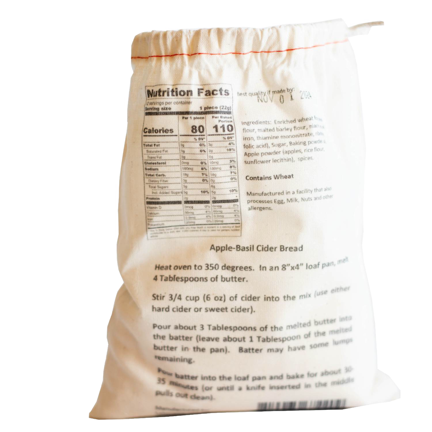 Soft fabric bag displaying handcrafted Apple-Basil Cider bread mix with detailed nutritional facts and baking instructions, ideal for Kitchen & Food, Pantry, Dry Goods and Mixes, Best Sellers, Promo Eligible collections.