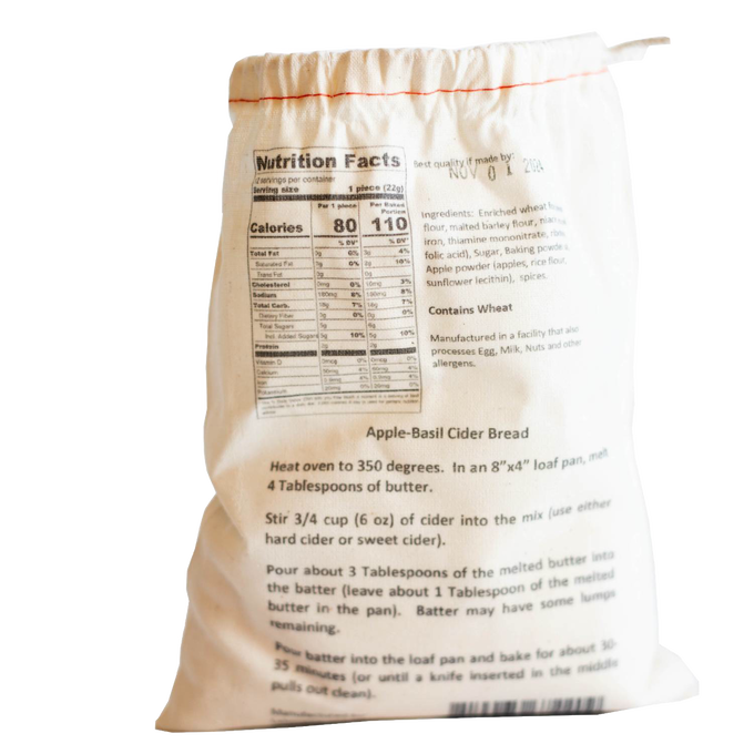 Soft fabric bag displaying handcrafted Apple-Basil Cider bread mix with detailed nutritional facts and baking instructions, ideal for Kitchen & Food, Pantry, Dry Goods and Mixes, Best Sellers, Promo Eligible collections.