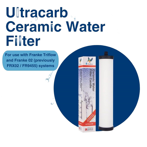 Replacement Ultracarb ceramic water filter element with black end caps designed for use in Franke Triflow and 02 systems, reducing chlorine, bacteria, cysts, sediment, and heavy metals, featured in Appliances and Emergency Supplies collections.