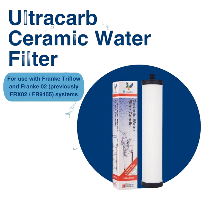 Replacement Ultracarb ceramic water filter element with black end caps designed for use in Franke Triflow and 02 systems, reducing chlorine, bacteria, cysts, sediment, and heavy metals, featured in Appliances and Emergency Supplies collections.