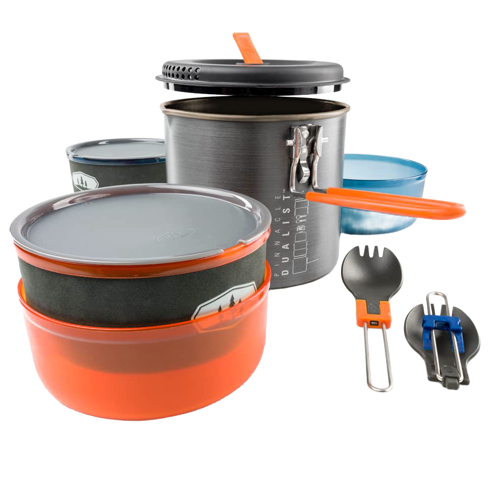 Compact handcrafted camping cookware set featuring a lightweight pot with folding handle, two insulated mugs, bowls, strainer lid, and nesting utensils, perfect for outdoor adventures, included in Camping and Best Sellers collections.