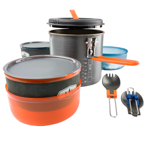 Compact handcrafted camping cookware set featuring a lightweight pot with folding handle, two insulated mugs, bowls, strainer lid, and nesting utensils, perfect for outdoor adventures, included in Camping and Best Sellers collections.