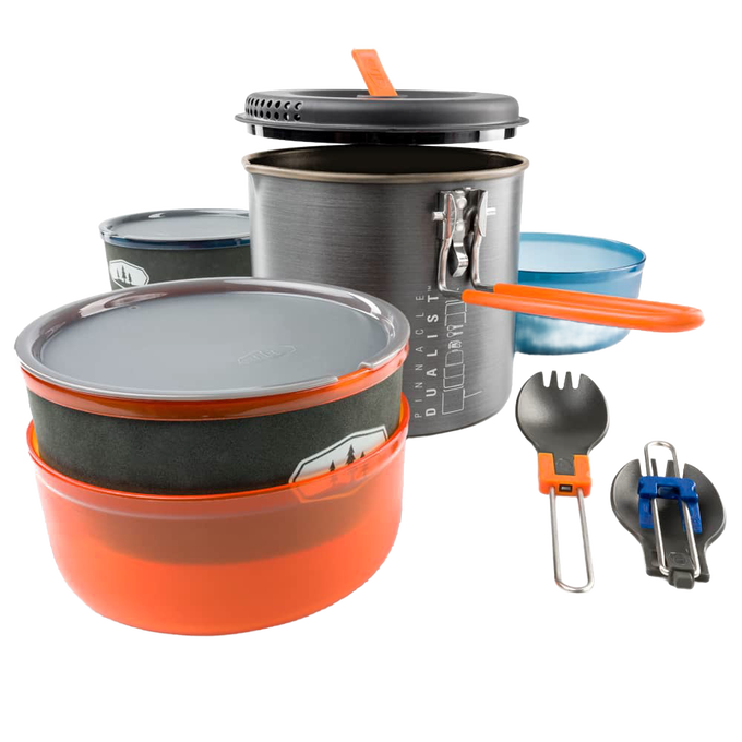 Compact handcrafted camping cookware set featuring a lightweight pot with folding handle, two insulated mugs, bowls, strainer lid, and nesting utensils, perfect for outdoor adventures, included in Camping and Best Sellers collections.