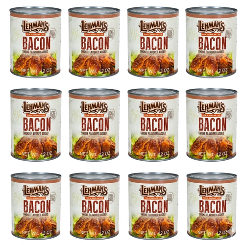 Twelve cans of ready-to-eat canned bacon with smoke flavoring, made in the USA and ideal for Kitchen & Food, Camping, Emergency Supplies, Farm & Garden Tool, and Best Sellers collections.