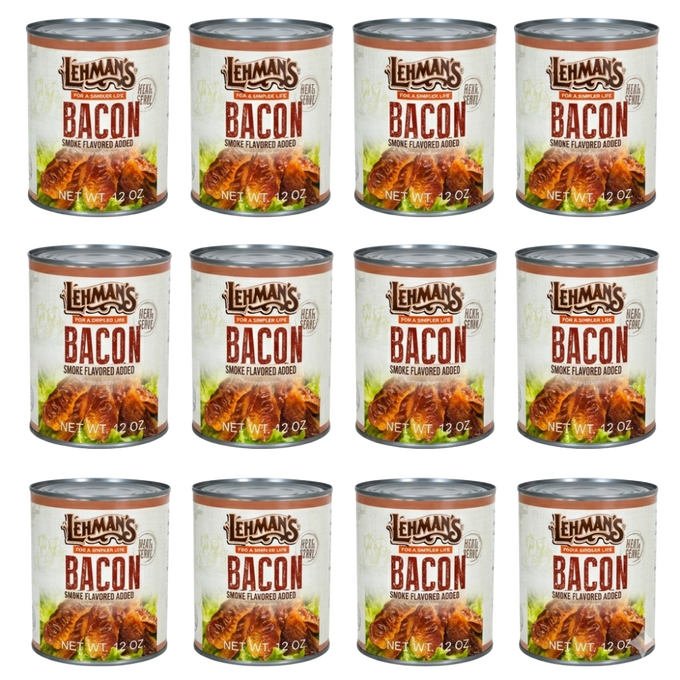 Twelve cans of ready-to-eat canned bacon with smoke flavoring, made in the USA and ideal for Kitchen & Food, Camping, Emergency Supplies, Farm & Garden Tool, and Best Sellers collections.