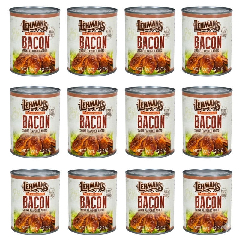 Twelve cans of ready-to-eat canned bacon with smoke flavoring, made in the USA and ideal for Kitchen & Food, Camping, Emergency Supplies, Farm & Garden Tool, and Best Sellers collections.