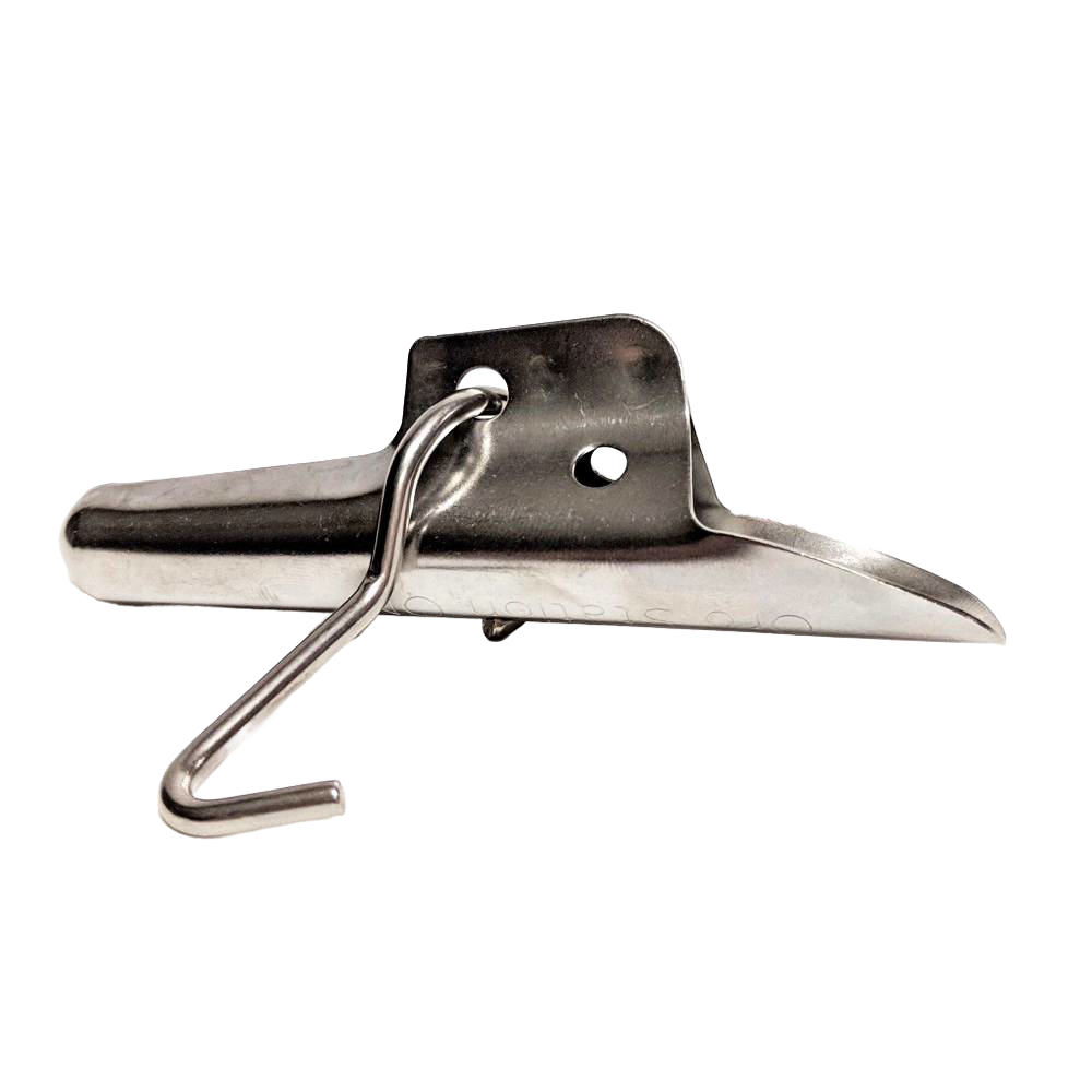 Heavy-duty stainless steel bucket spile with an integrated hook for hanging collection buckets on trees, designed for maple syrup sugaring in Farm, Garden & Tool, Orchard and Grove, and Best Sellers collections.