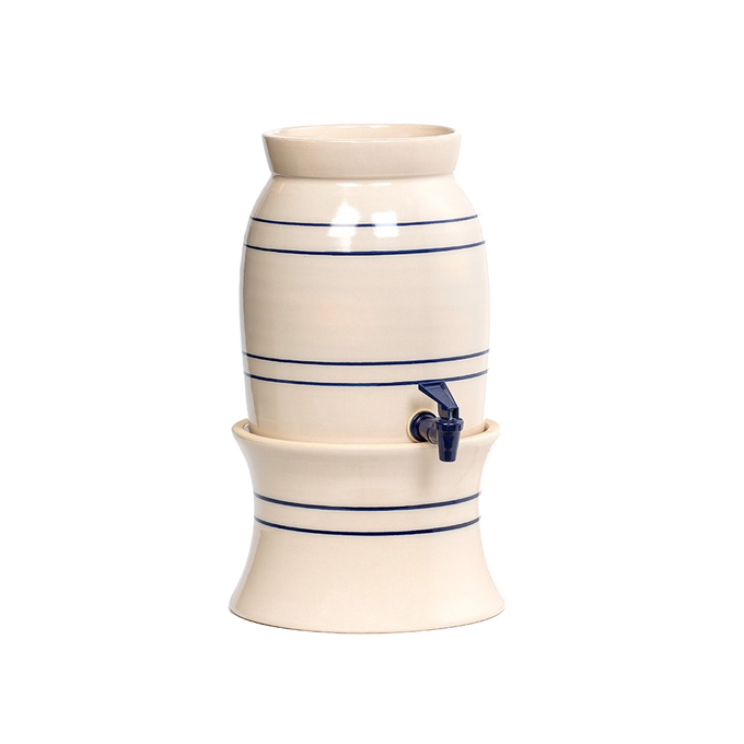 Handcrafted stoneware drink dispenser and vinegar crock in cream with blue stripes, featuring a spigot and optional stand, ideal for Kitchen & Food, Storage and Serving, USA Made, Best Sellers collections.