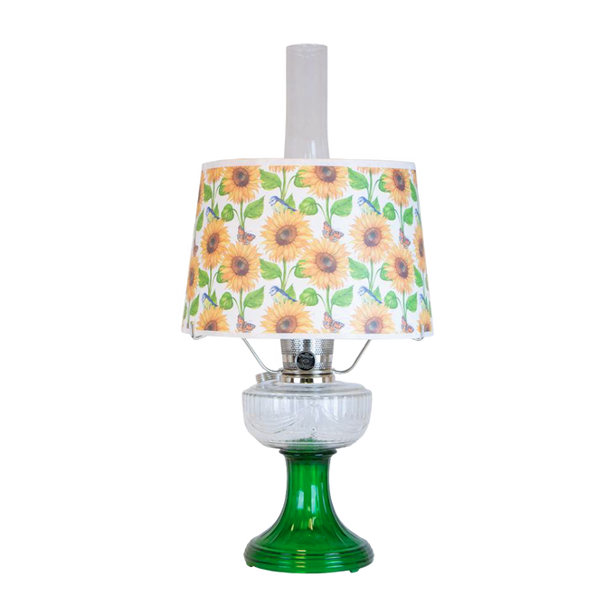 Handcrafted oil lamp featuring an Ohio-made emerald glass base and sunflower-patterned shatterproof shade, ideal for Farm, Garden & Tool and Table Lamps collections.