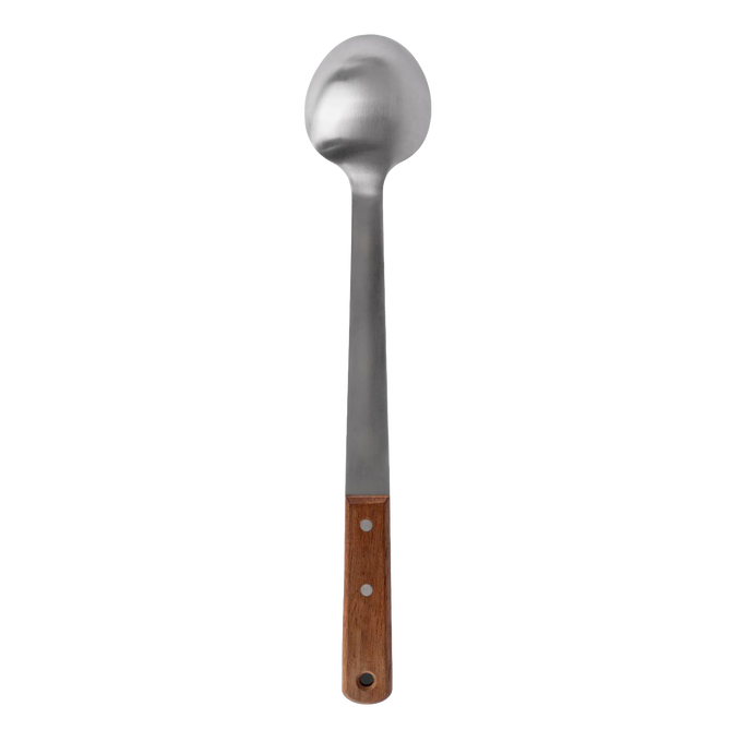 Long stainless steel serving spoon with a durable walnut handle, handcrafted for convenient outdoor use in Farm, Garden & Tool, Kitchen & Food, Camping, Storage and Serving, Best Sellers, and Promo Eligible collections.