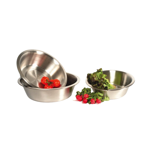 Three nested stainless steel dishpans with flat bases, some holding fresh cherry tomatoes, leafy greens, and radishes, crafted for Home & Decor, Household Cleaning, and Cleaning Utensils collections.