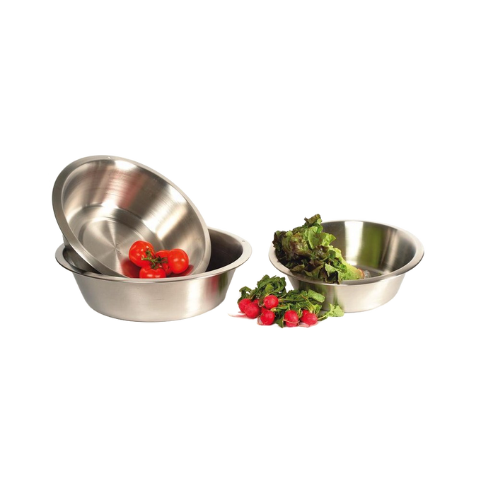 Three nested stainless steel dishpans with flat bases, some holding fresh cherry tomatoes, leafy greens, and radishes, crafted for Home & Decor, Household Cleaning, and Cleaning Utensils collections.