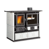 Cream majolica wood cook stove featuring a cast iron firebox with ceramic glass door showing burning fire, porcelain enameled steel oven with temperature gauge, ideal for Stoves, Cookstoves, Best Sellers, and All Stoves & Appliances collections.