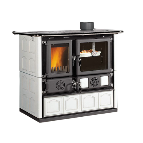 Cream majolica wood cook stove featuring a cast iron firebox with ceramic glass door showing burning fire, porcelain enameled steel oven with temperature gauge, ideal for Stoves, Cookstoves, Best Sellers, and All Stoves & Appliances collections.