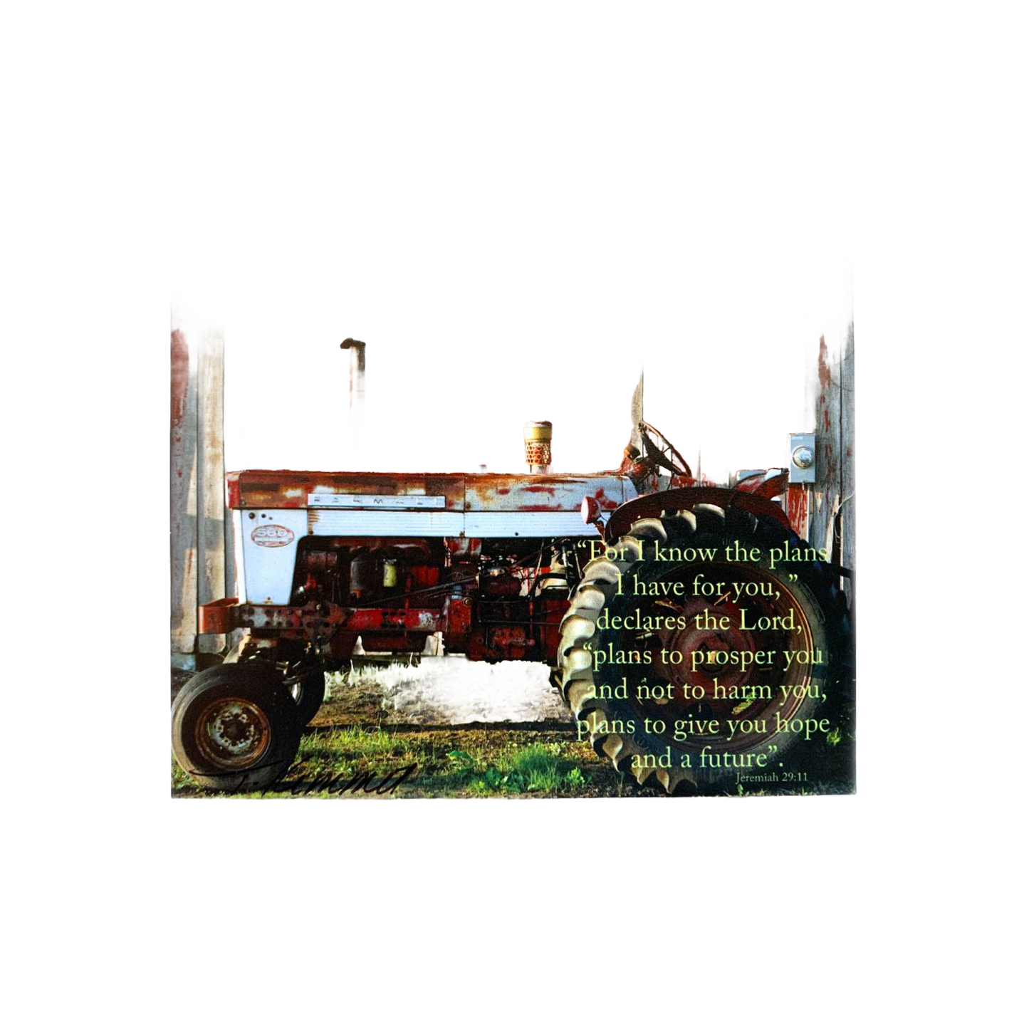 Handcrafted scenic magnet featuring a vintage rusty tractor in a field with an encouraging Bible verse from Jeremiah 29:11, ideal for Home & Decor, Best Sellers, and Promo Eligible collections.