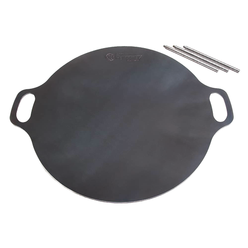 Round steel cooking griddle with integrated handles and three detachable legs, crafted for stable outdoor grilling and frying in Farm, Garden & Tool, Camping, Best Sellers, and Promo Eligible collections.