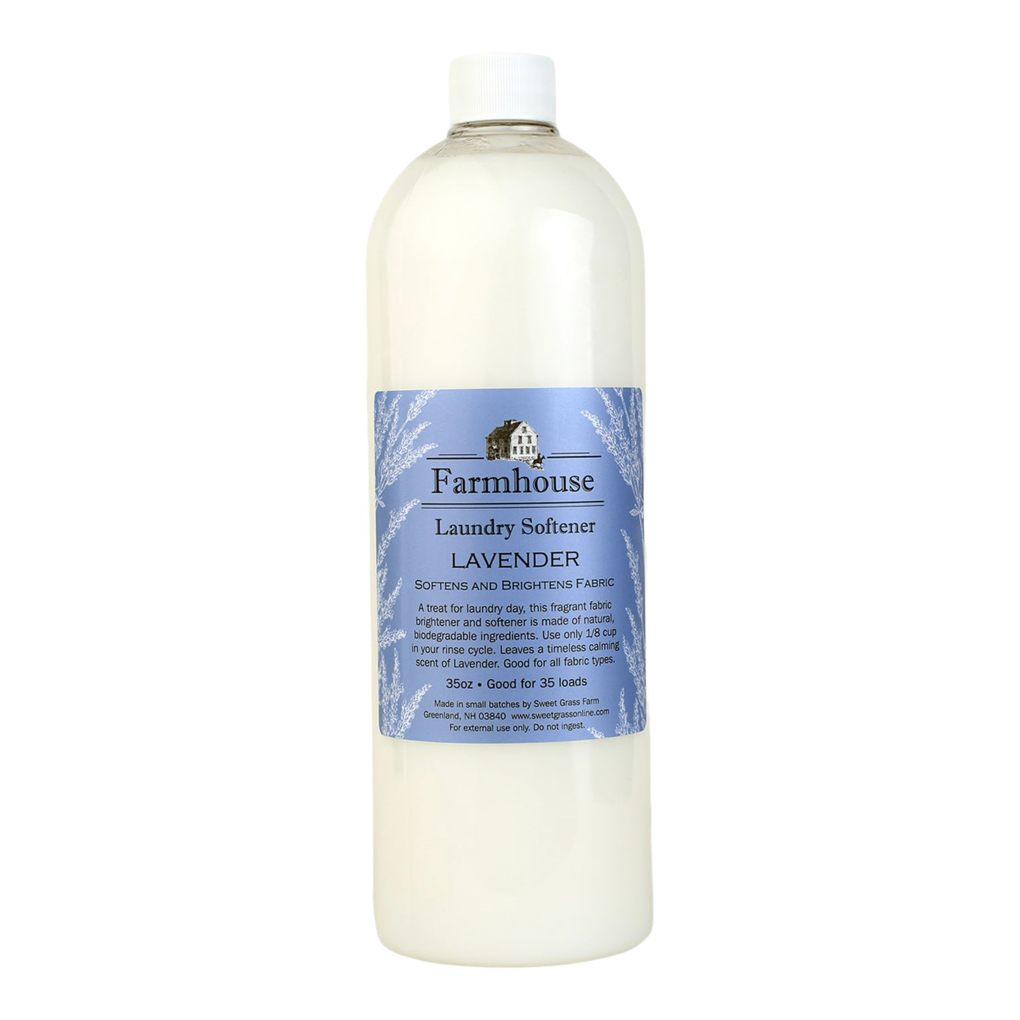 Tall bottle of handcrafted lavender-scented fabric softener made in USA small batches, designed to soften and brighten fabrics gently, ideal for Home & Decor and Laundry Supplies collections.