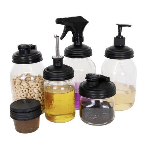 Seven-piece set of handcrafted black reusable lids designed for Mason jars, including pump, spray, flip-top, and screw-top styles, ideal for Home & Decor, Household Helpers, and USA Made collections.