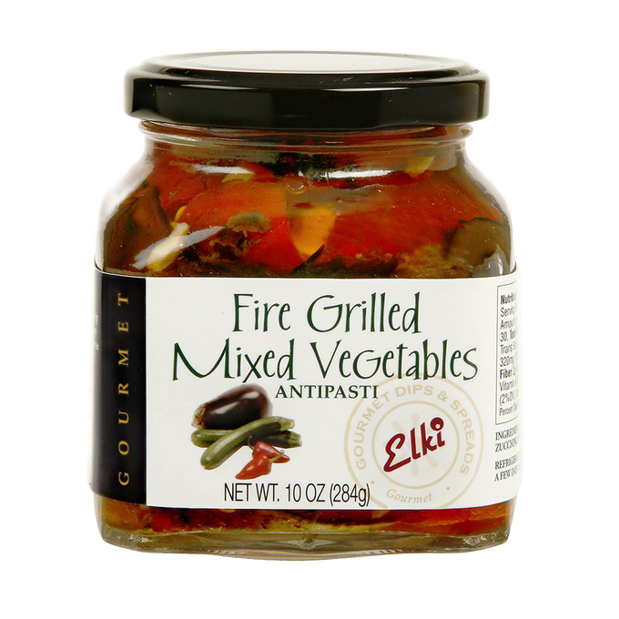 Jar of artisanal fire-grilled mixed vegetables antipasti with vibrant colors, perfect for gourmet kitchen and food pantry collections, handcrafted for rich flavor.