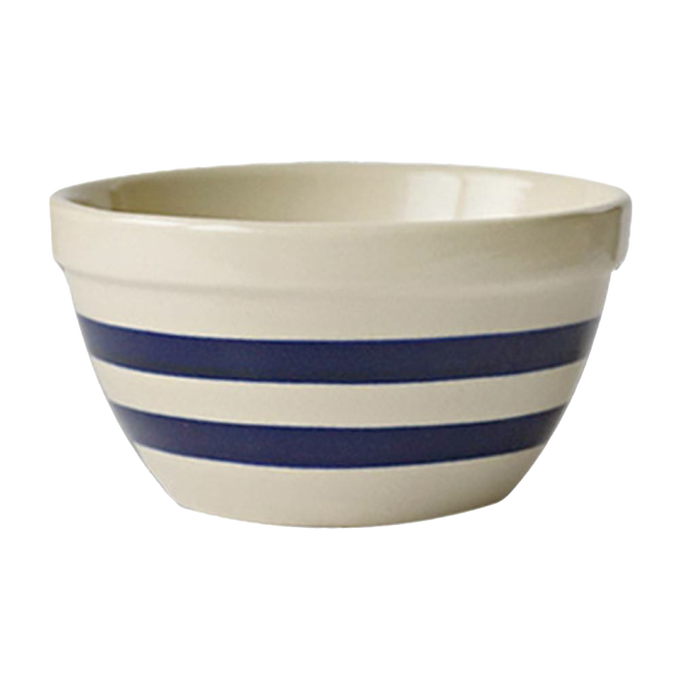 Handcrafted USA-made stoneware shoulder bowl with classic blue stripes, sturdy and versatile for mixing, baking, serving, and part of Kitchen & Food, Cookware, and Baking Supplies collections.