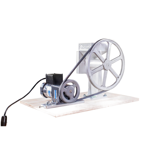 Handcrafted motorization kit with gear-reduced electric motor, pulley, belt, and mounting board for grain mills, made in USA, ideal for Kitchen & Food and Bread Making Supplies collections.