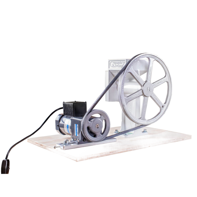 Handcrafted motorization kit with gear-reduced electric motor, pulley, belt, and mounting board for grain mills, made in USA, ideal for Kitchen & Food and Bread Making Supplies collections.