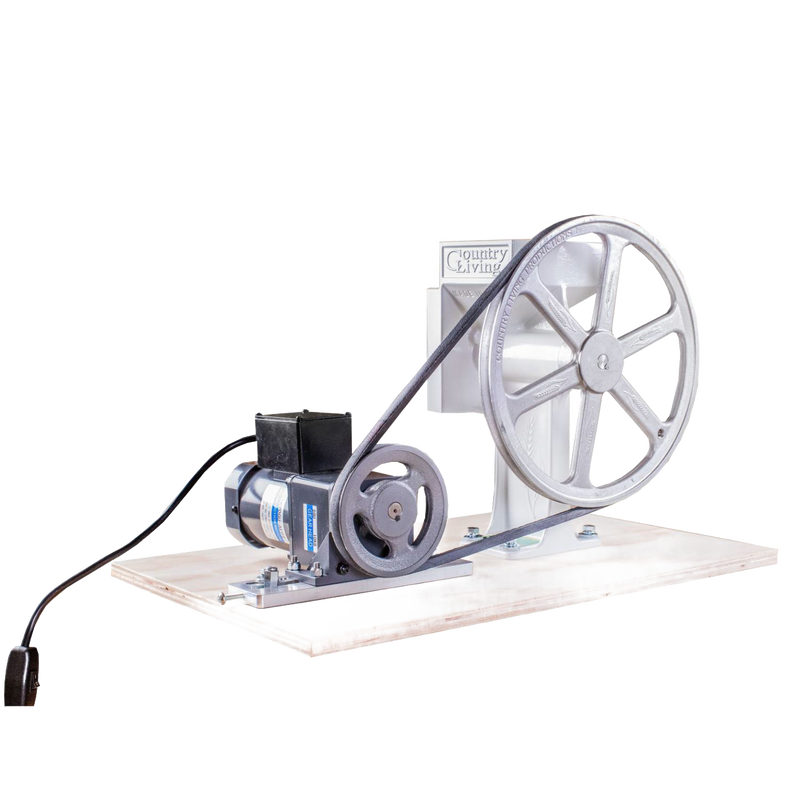 Handcrafted motorization kit with gear-reduced electric motor, pulley, belt, and mounting board for grain mills, made in USA, ideal for Kitchen & Food and Bread Making Supplies collections.