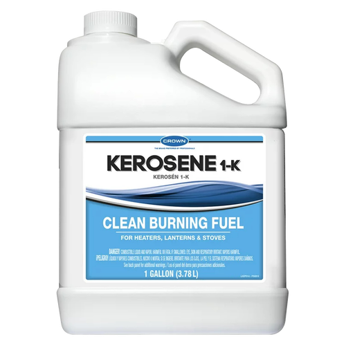 One-gallon white plastic container of Crown 1-K kerosene, a clean burning fuel made in USA, ideal for heaters, lanterns, stoves, and included in farm, garden, emergency, and lamp fuel supplies.