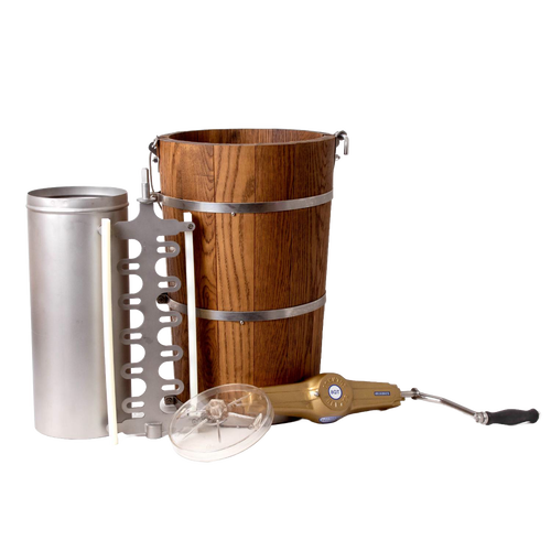 Handcrafted Amish made wooden ice cream freezer with metal bands, stainless steel inner container, and durable electric motor, ideal for Kitchen & Food, Specialty Equipment, and USA Made collections.