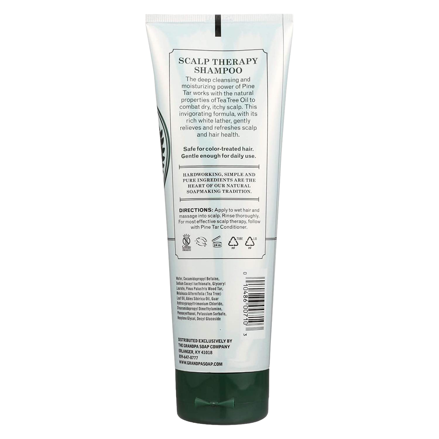 Tube of handcrafted scalp therapy shampoo featuring pine tar and tea tree oil formula, designed to alleviate dry, itchy scalp, suitable for color-treated hair, part of Health & Wellness and Grooming collections.