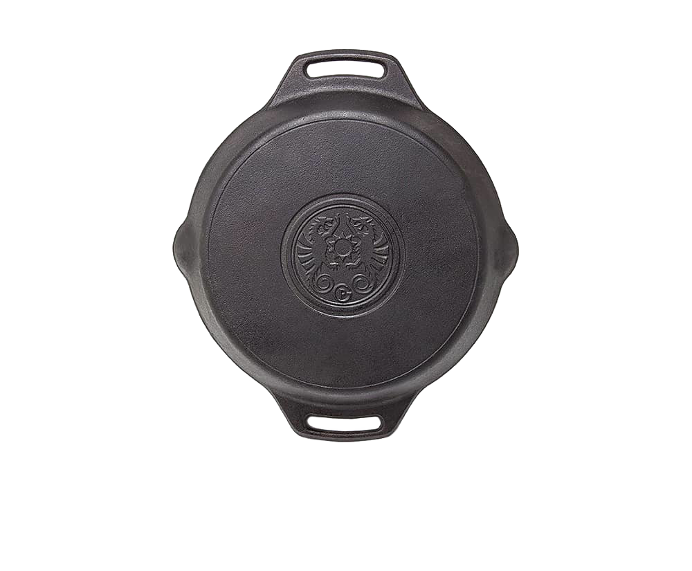Top view of a handcrafted cast iron skillet with two side handles and an embossed design in the center, ideal for cooking in camping, kitchen, and farm settings.