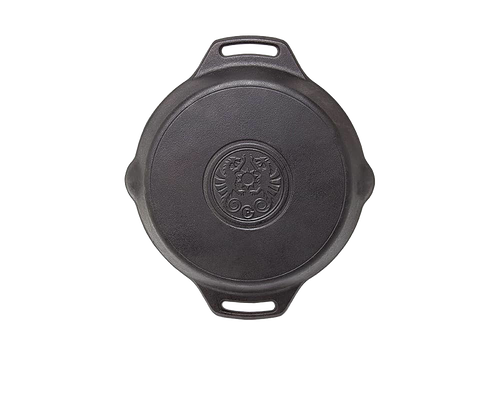 Top view of a handcrafted cast iron skillet with two side handles and an embossed design in the center, ideal for cooking in camping, kitchen, and farm settings.