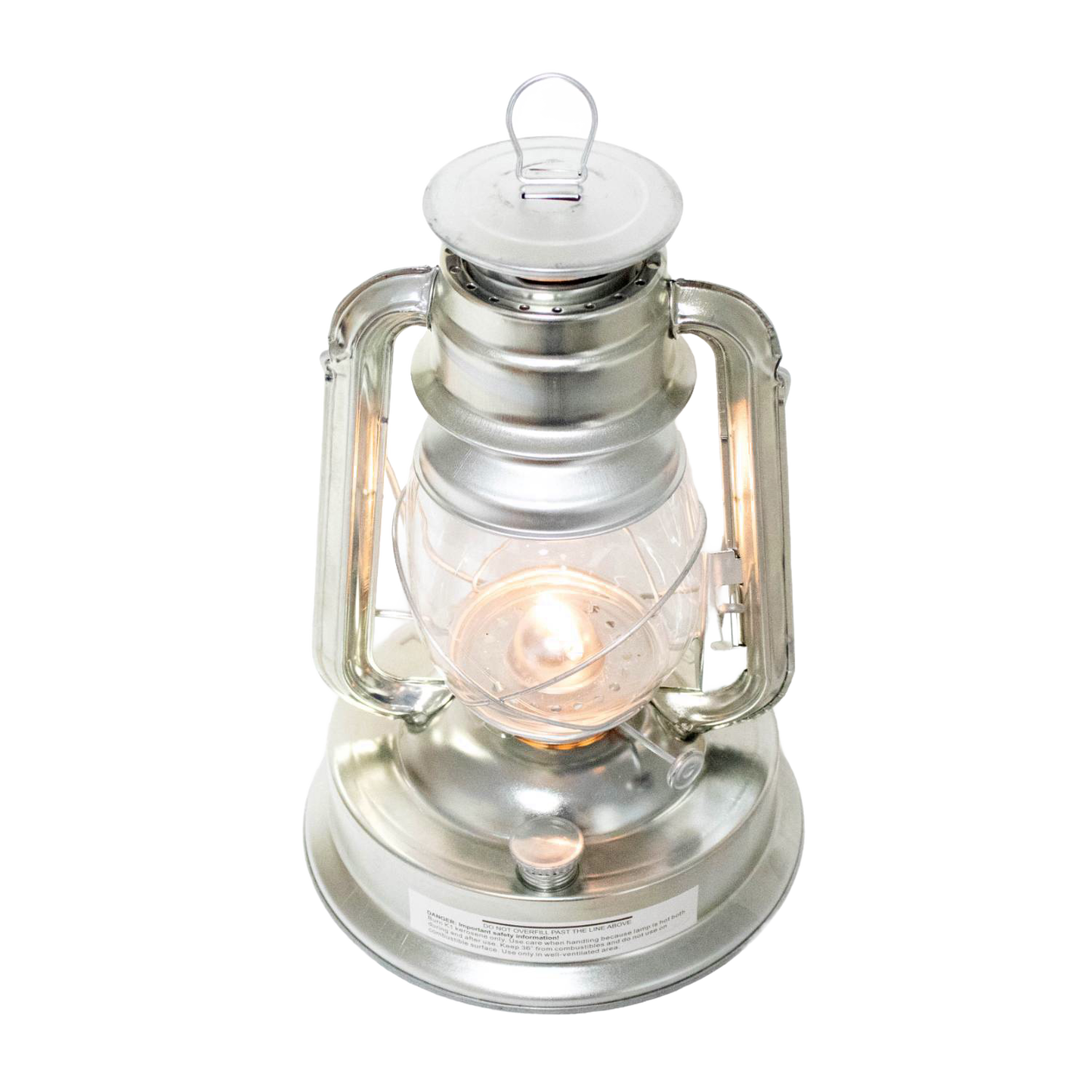 Handcrafted metal lantern with clear glass globe and sturdy frame, emitting a steady warm light, perfect for farm, garden, camping, emergency, and outdoor use.