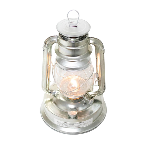 Handcrafted metal lantern with clear glass globe and sturdy frame, emitting a steady warm light, perfect for farm, garden, camping, emergency, and outdoor use.
