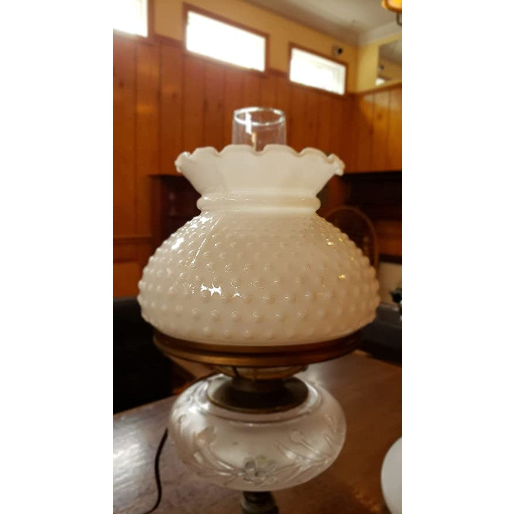 Vintage-style opal hobnail glass oil lamp shade with decorative scalloped top, handcrafted for Lamps & Lighting, Parts and Accessories, Lamp Shades, Best Sellers, and Promo Eligible collections.